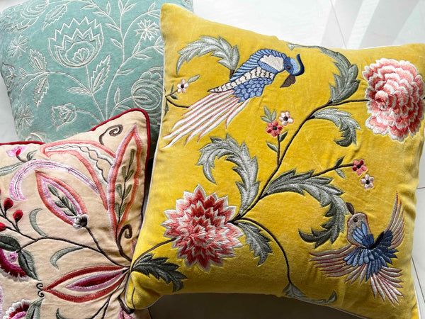 Yellow Velvet Bird Cushion Cover