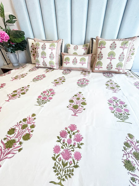 Navya Pink & Green Hand Block Printed Bedcover