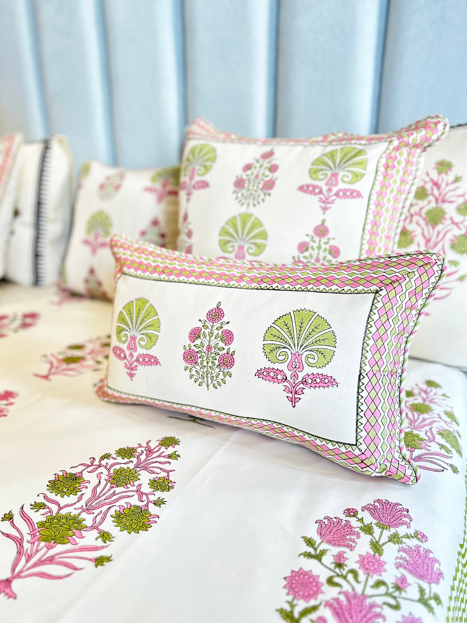 Navya Pink & Green Hand Block Printed Bedcover