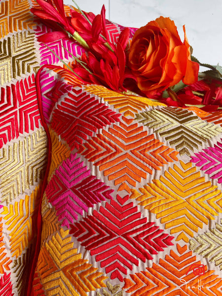 Beige Multi Coloured Phulkari Cushion Cover