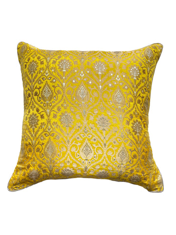 Yellow Silk Brocade Cushion Cover