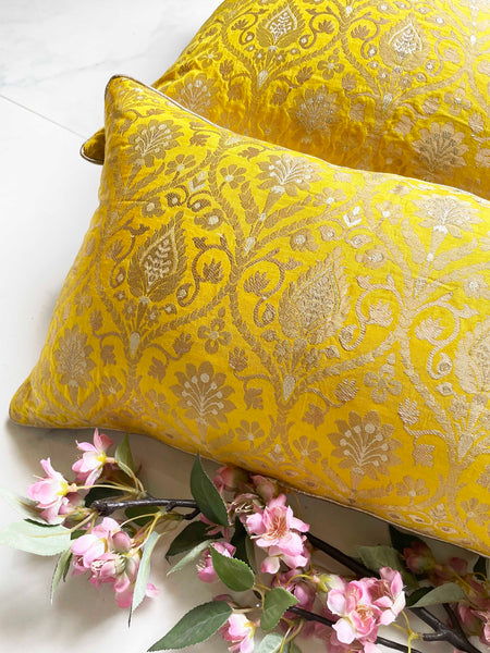 Yellow Silk Brocade Cushion Cover