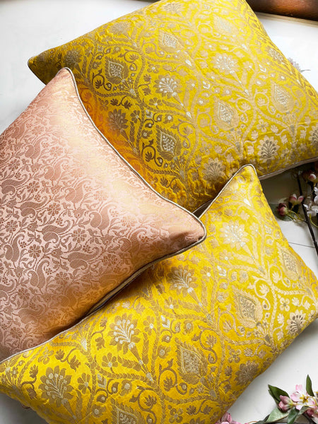 Yellow Silk Brocade Cushion Cover