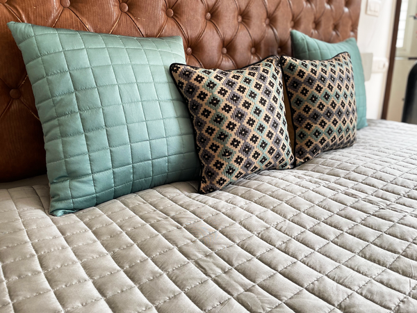 Aqua Blue + Silver Grey Quilted Bedcover