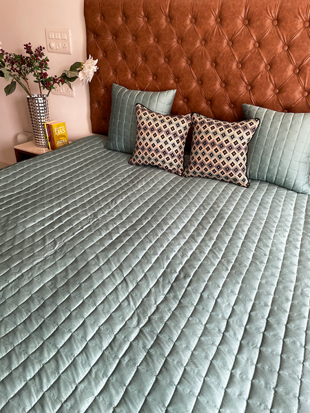 Aqua Blue + Silver Grey Quilted Bedcover