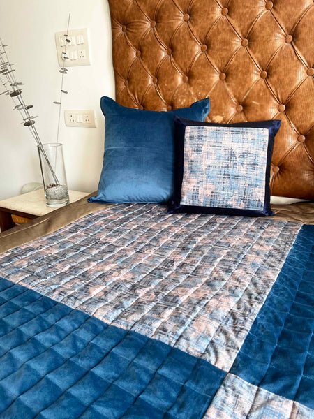 Blue Velvet Chessboard Quilted Bedcover