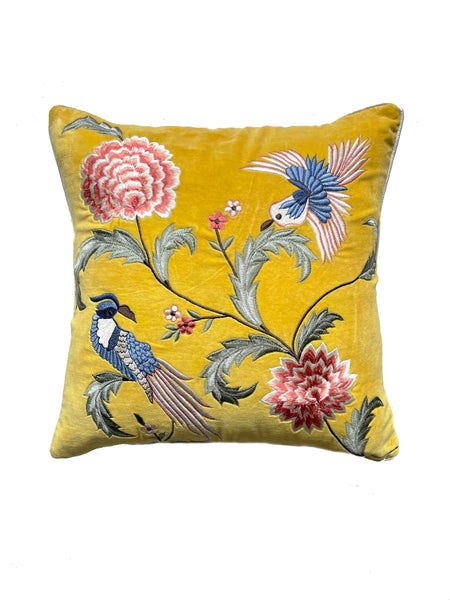 Yellow Velvet Bird Cushion Cover